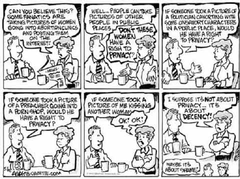 Cartoon by Chuck Assay of the Colorado Gazette giving examples of how reporters routinely report on unwilling newsmakers)